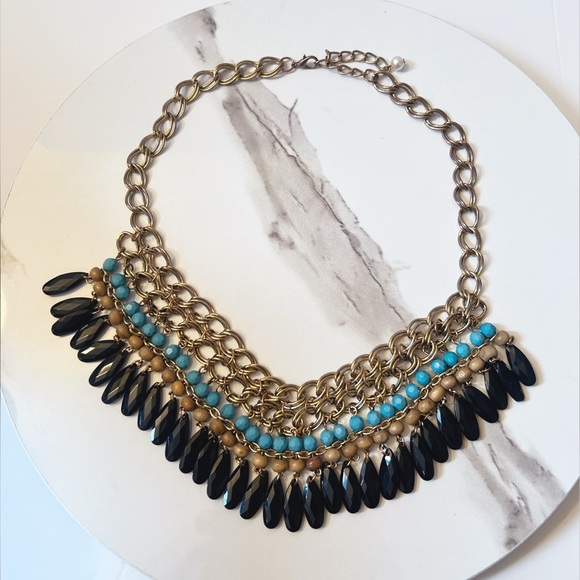 Statement Bib Necklace Gold Tone Turquoise Black And Wooden Beads Dangle Boho - Picture 2 of 6